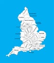 Editable blank map of England. Administrative divisions of England, separated provinces.