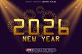 Editable 3d text effect 2026 gold for new year template design Royalty Free Stock Photo
