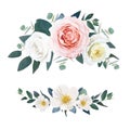 Editable elegant vector bouquet. Watercolor floral illustration of delicate pale pink, ivory yellow garden roses, camellia flowers Royalty Free Stock Photo