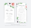 Editable floral vector wedding and ceremony program card set. Beautiful template design with watercolor illustration of pink Royalty Free Stock Photo