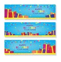 Editable happy birthday banner with gift boxes and confetti decoration set. blue background banner.