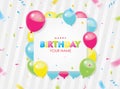 Happy Birthday with colorful balloons and confetti background. 3D paper cut sign, greeting, congratulations design