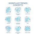 Editable linear blue icons set representing workplace trends Royalty Free Stock Photo