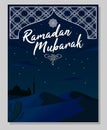 Editable Ramadan Mubarak Poster Template with Starry Night Landscape of Arabian Desert, Sky and Mosque. Islamic Ornament.