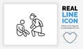 Editable real line icon of a child stick figure that got hurt on his leg with his mother kneeling