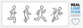 Editable real line icon set of a boy stick figure running fast and jogging