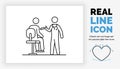 Editable real line icon of a standing stick figure doctor giving a patient sitting on a chair his vaccination
