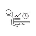 Editable real line icon of a stick figure analyst person working at his desk on a computer with data and web results in modern