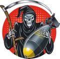 Grim reaper holding scythe and air bomb