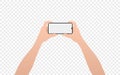 Editable Smartphone Template. Hold Phone Horizontally with Both Hands. Phone Mockup with Transparent Screen. Viewing Content, Royalty Free Stock Photo