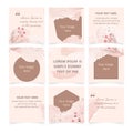 Editable social media post template with place for photo. Set of abstract pink pastel watercolor backgrounds with floral elements.