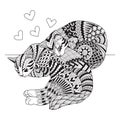 Editable stroke width lines. Cute two cats sleeping for cards, t shirt design, adult coloring book, coloring page and print on oth Royalty Free Stock Photo