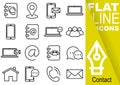 Editable stroke 70x70 pixel. Simple Set of contact vector sixteen flat line Icons with vertical yellow banner - directory, map, sm