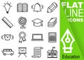 Editable stroke 70x70 pixel. Simple Set of education vector sixteen flat line Icons with vertical green banner - bulb, workbook, b
