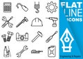 Editable stroke 70x70 pixel. Simple Set of Engineering and Repairs sixteen flat line Icons with vertical blue, banner - cal