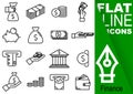 Editable stroke 70x70 pixel. Simple Set of finance vector sixteen flat line Icons with vertical green banner - purse, banknote, co Royalty Free Stock Photo