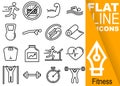 Editable stroke 70x70 pixel. Simple Set of fitness vector sixteen flat line Icons with vertical orange banner - run, muscles, swim