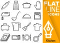 Editable stroke 70x70 pixel. Simple Set of kitchen vector sixteen flat line Icons with vertical banner - roller, grater, pot, snac