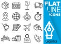 Editable stroke 70x70 pixel. Simple Set of logistics vector sixteen flat line Icons with vertical blue banner - box, calendar, fra