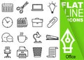 Editable stroke 70x70 pixel. Simple Set of Office vector sixteen flat line Icons with vertical green banner - calendar, scissors,