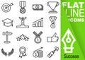 Editable stroke 70x70 pixel. Simple Set of success vector sixteen flat line Icons with vertical green banner - goal, medal, money,