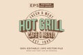 Editable text effect hot grill logo 3d vintage style premium vector