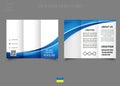Editable tri-fold brochure design with blue wave shape. Flyer for printing. Catalog Vector Template. Royalty Free Stock Photo