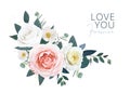 Editable vector bouquet. Valentine love you card design. Watercolor floral illustration of delicate blush pink, ivory yellow Royalty Free Stock Photo