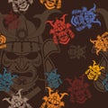 Flat Samurai Mask Vector Illustration Dark Background Seamless Pattern