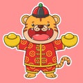 Cute Chinese New Year Tiger Holding Two Gold Money