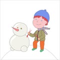 Editable Vector illustration. Boy in coat and hat with snowman.