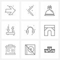 9 Editable Vector Line Icons and Modern Symbols of music, headset, internet, upload Royalty Free Stock Photo