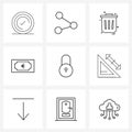 9 Editable Vector Line Icons and Modern Symbols of secure, locked, trash, wealth, money