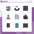9 Thematic Vector Filledline Flat Colors and Editable Symbols of document, coding, layout, code, transmission tower