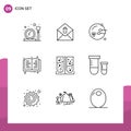 Editable Vector Line Pack of 9 Simple Outlines of laboratory test, chemical, procreation, apparatus, read