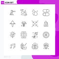 Editable Vector Line Pack of 16 Simple Outlines of radio, layout, chips, ellipsis, droop