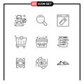 Pack of 9 Modern Outlines Signs and Symbols for Web Print Media such as school bag, shopping cart, interface, remove, website