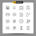 Editable Vector Line Pack of 16 Simple Outlines of working, bag, photo, medicine, hospital