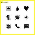 Editable Vector Line Pack of 9 Simple Solid Glyphs of chemical, idea, person, user, mind