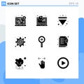 Editable Vector Line Pack of 9 Simple Solid Glyphs of chemistry, biology, arrow, setting bug, cyber crime