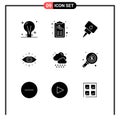 Editable Vector Line Pack of 9 Simple Solid Glyphs of cloud, secret society, list, symbol, oil