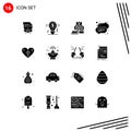 Universal Icon Symbols Group of 16 Modern Solid Glyphs of heart, speech, dollar, bubble, labor