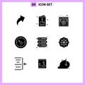 Editable Vector Line Pack of 9 Simple Solid Glyphs of security, hosting, online, timer, stopwatch