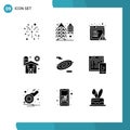 Editable Vector Line Pack of 9 Simple Solid Glyphs of space, rotation, alert, farming, barn