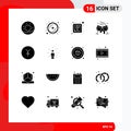 Editable Vector Line Pack of 16 Simple Solid Glyphs of yen, coin, cross, restaurant, cocktail