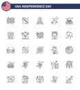 USA Independence Day Line Set of 25 USA Pictograms of madison; usa; grave; sports; baseball