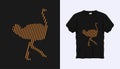 Editable vector outline image of ostrich with brown stripes isolated on black background. Vector T-shirt silhouette. Front side. Royalty Free Stock Photo