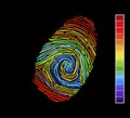 Editable vector outline image of rainbow fingerprint isolated on black background. Vector illustration of Eps10 file. Editable