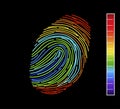 Editable vector outline image of rainbow fingerprint isolated on black background. Vector illustration of Eps10 file. Editable