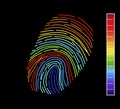Editable vector outline image of rainbow fingerprint isolated on black background. Vector illustration of Eps10 file. Editable